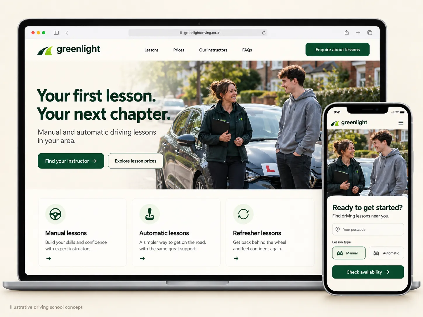 Greenlight driving school website design concept, with desktop lesson information and a mobile postcode and lesson enquiry layout.
