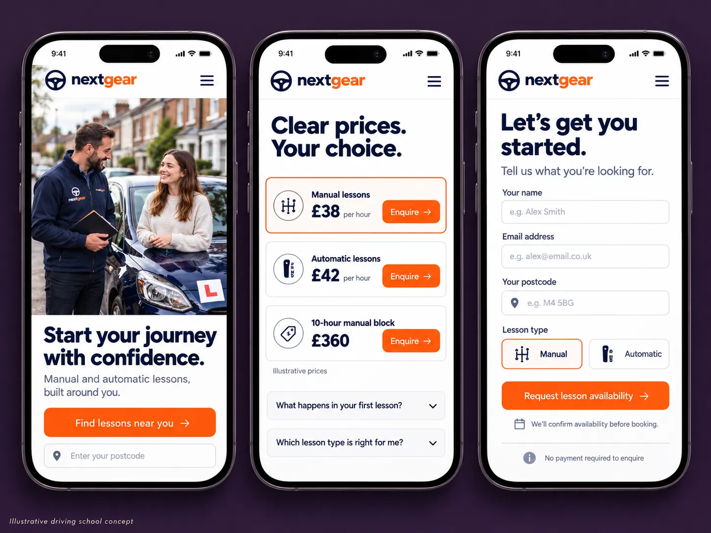 Nextgear driving school mobile design concept, showing a lesson introduction, illustrative prices and a short enquiry form.