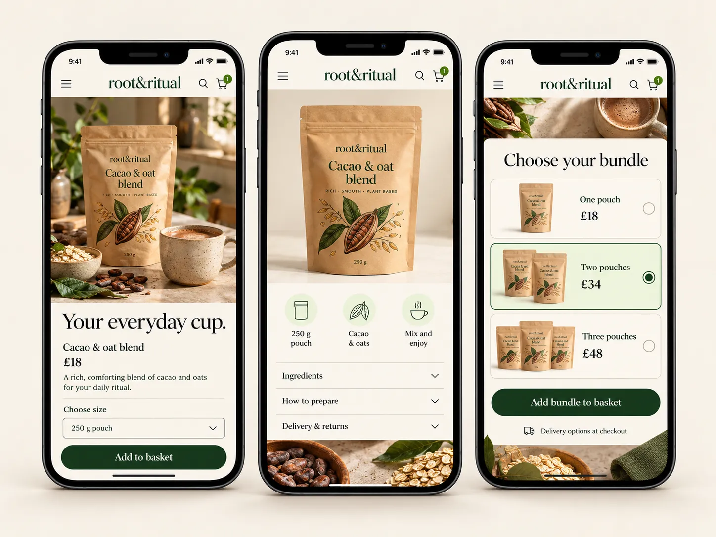 Root and Ritual mobile ecommerce portfolio design, showing a cacao and oat product page, product details and bundle selection.
