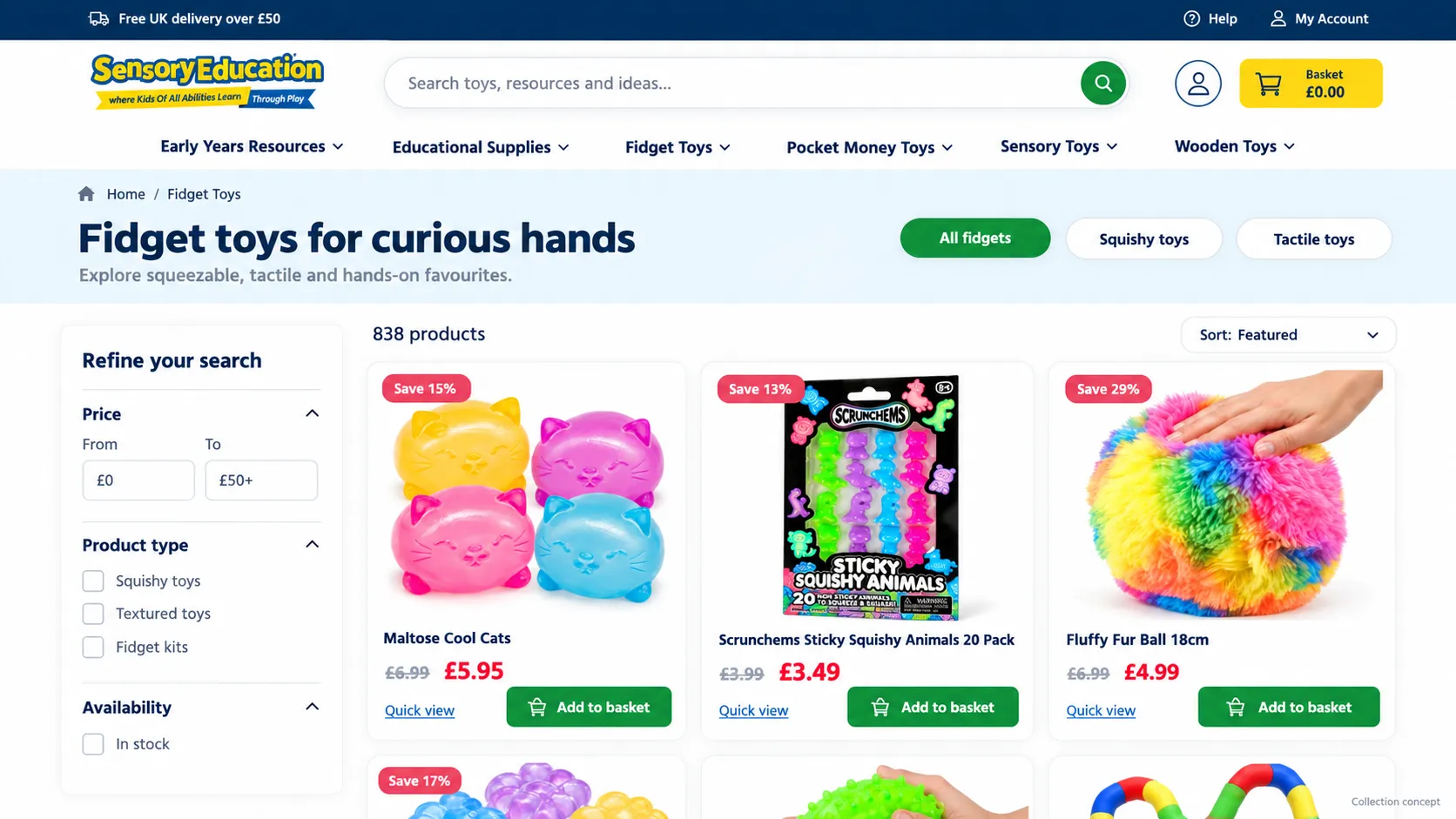 Sensory Education fidget toys collection design concept, showing category tabs, filters and product cards.