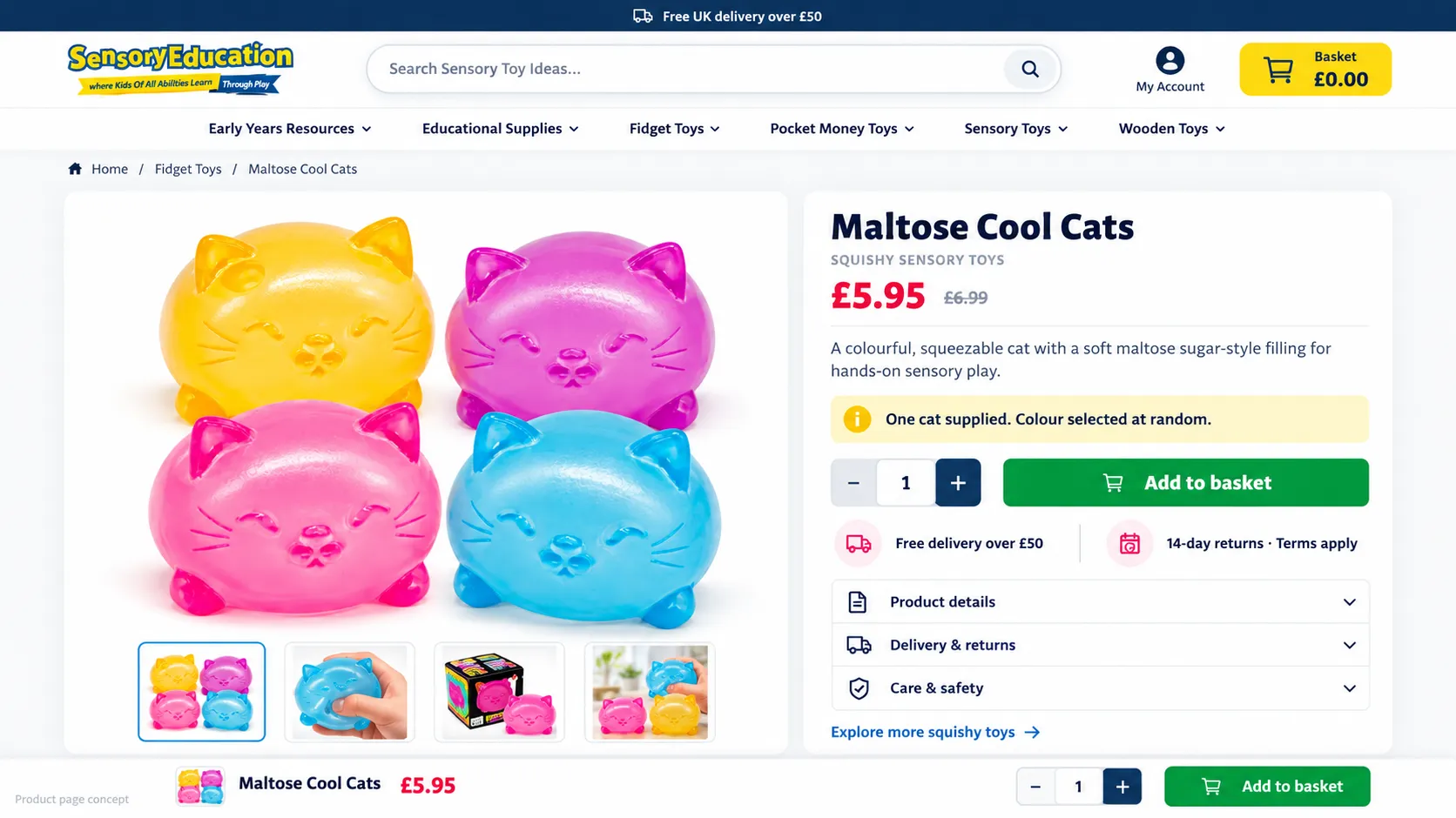 Sensory Education Maltose Cool Cats product-page design concept, with product imagery, quantity control and buying information.