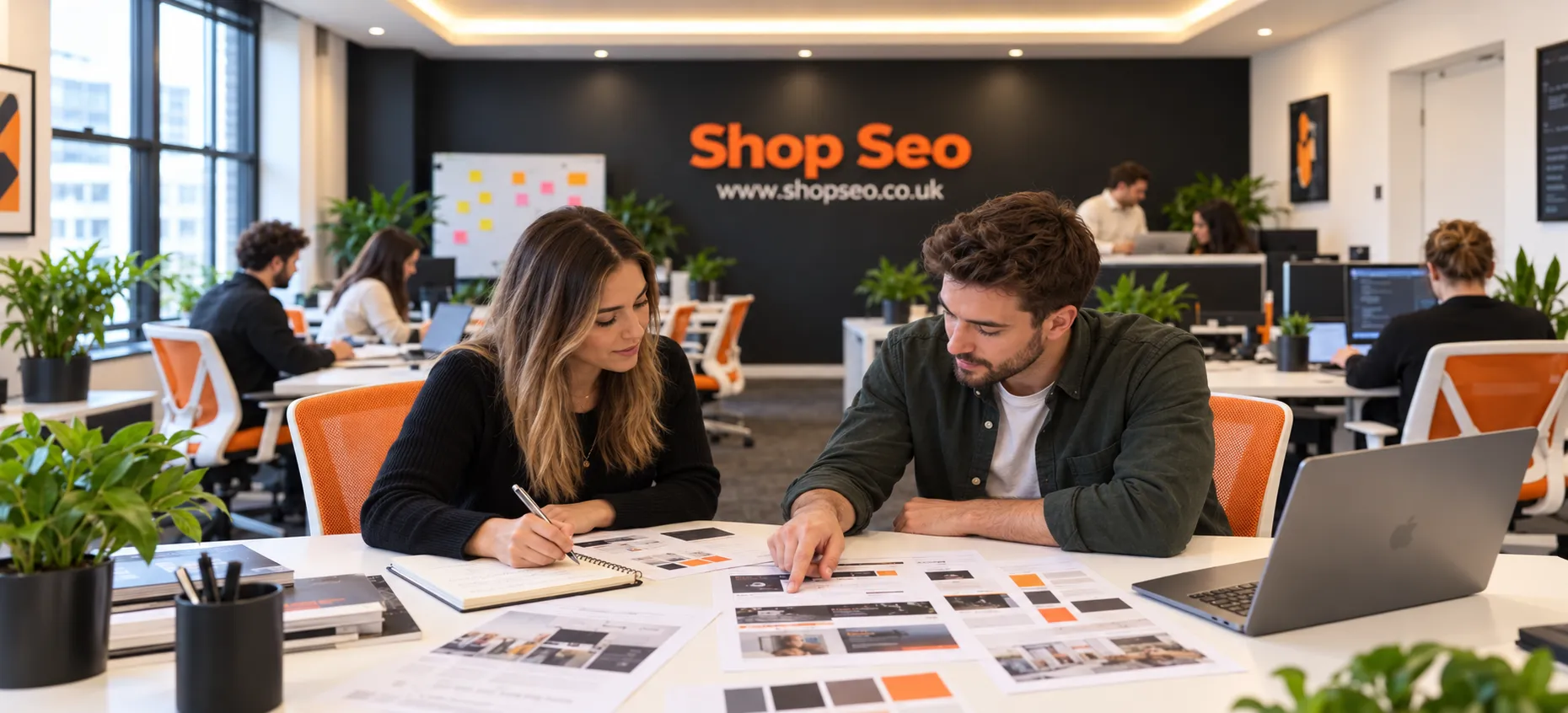 AI-generated Shop SEO brand illustration of people reviewing website layouts and making planning notes.