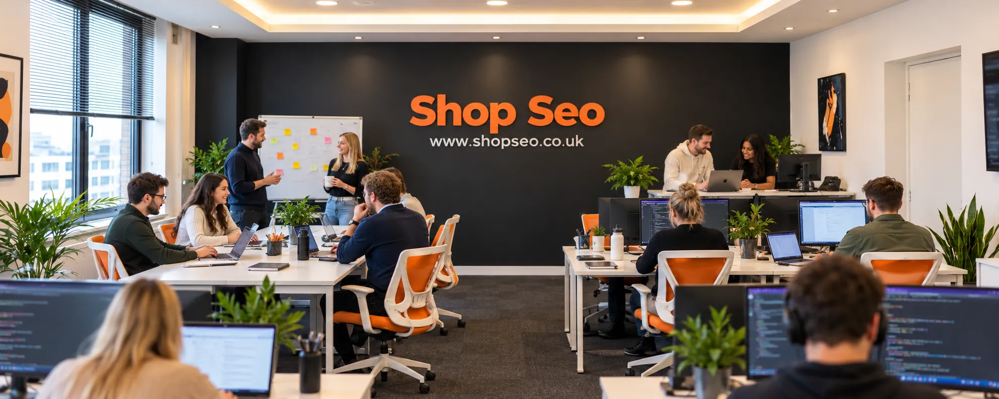 The Shop Seo office, with the team working together around desks and a planning board.